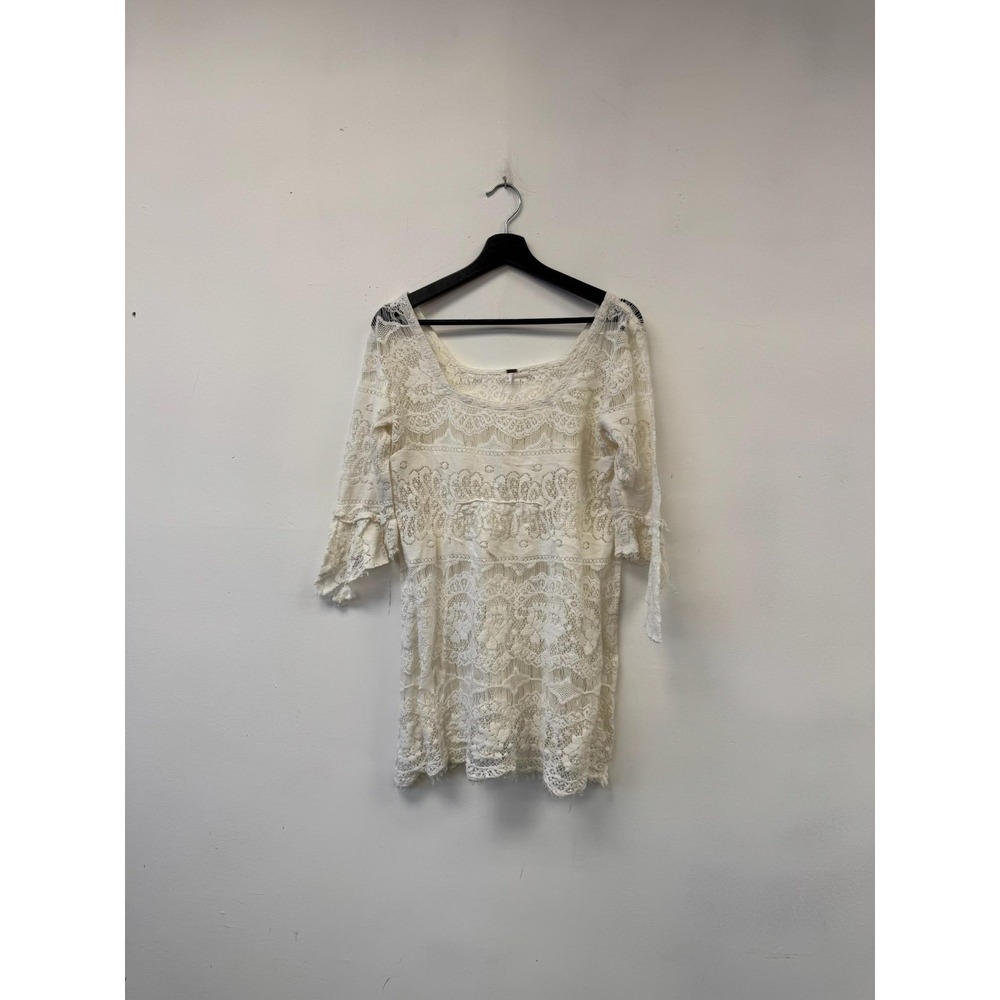 Free People‎ Blouse Womens Medium White Crochet Lace Sheer Boho 3/4 Sleeve Tunic